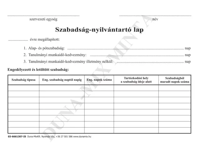 Szabadság nyilvántartó /lap