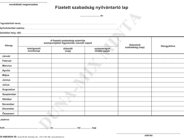 13. sz. függ. Fizetett szabadság-nyilvántartó /levlap