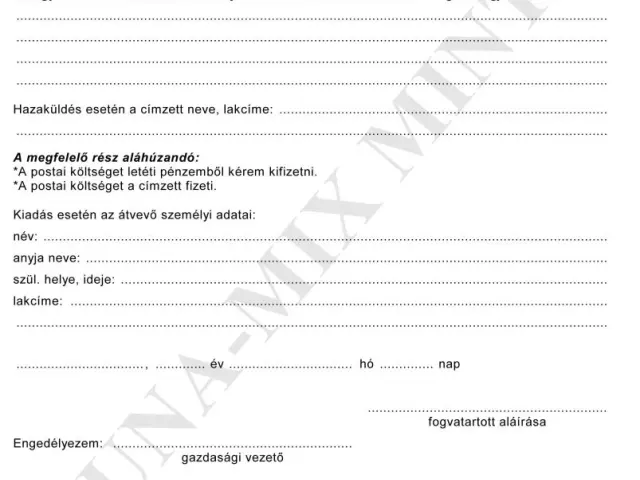 15. sz. függ. Kérelem letétbe hely. tárgyak elküld.-re v. kiadására